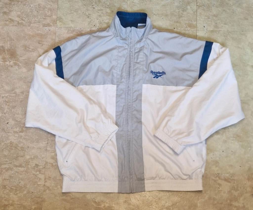 Reebok Full Zip Windbreaker - Vintage 90s - White, Grey and Navy - Size L