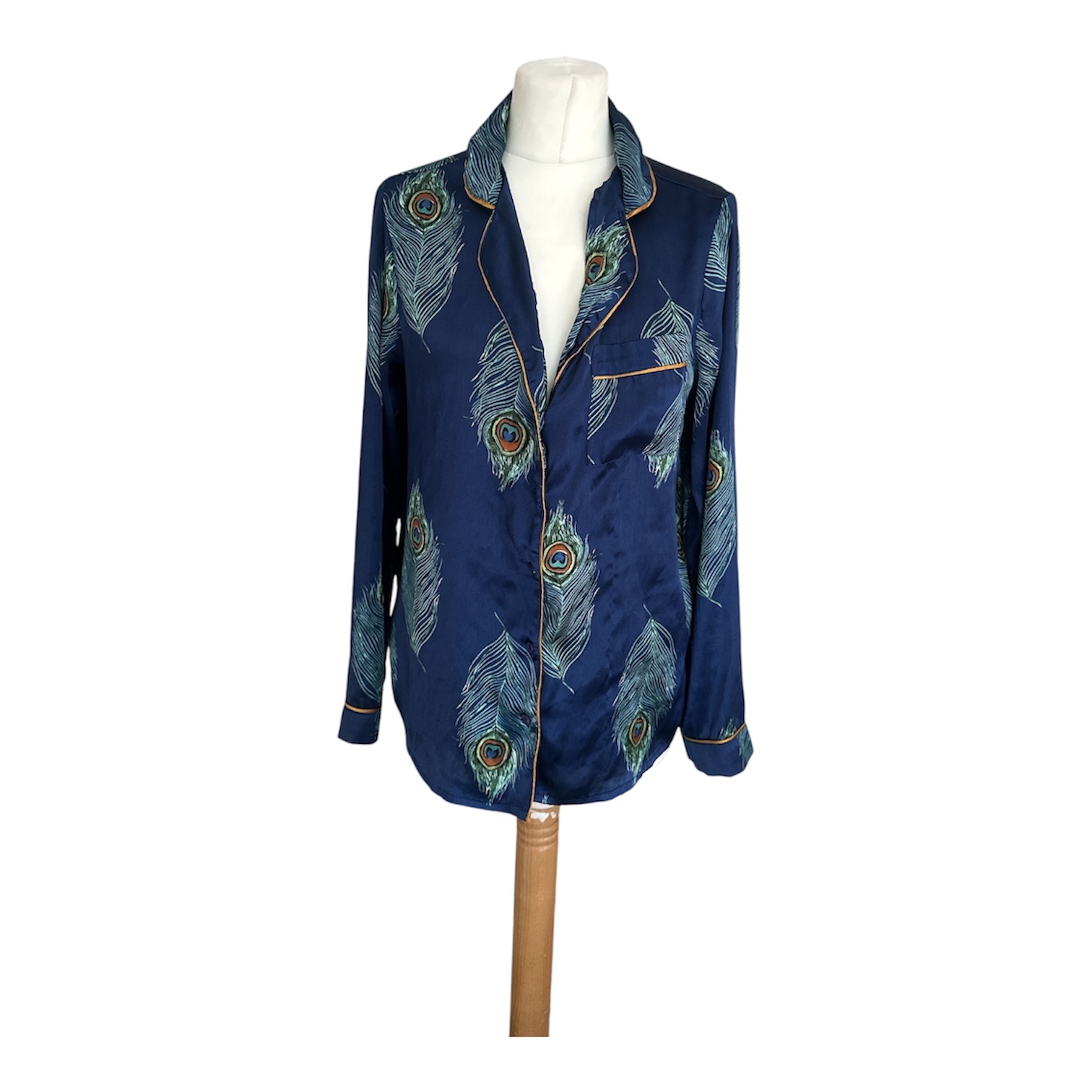 Their Nibs Women's Satin Feel Pyjama Peacock Top in Blue size small measures 21” pit to pit
