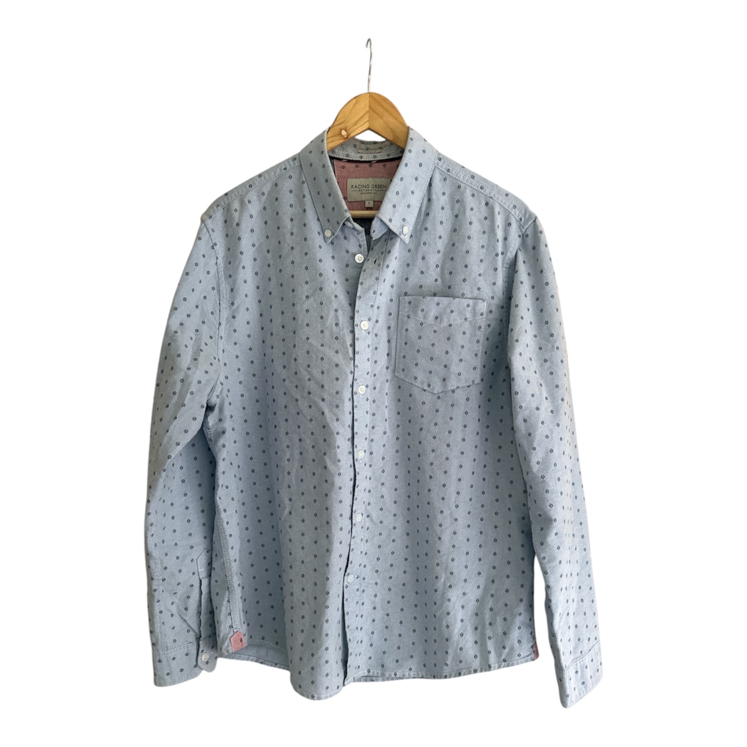 Racing Green men's long sleeve shirt in blue large measures 44” chest in VGC.