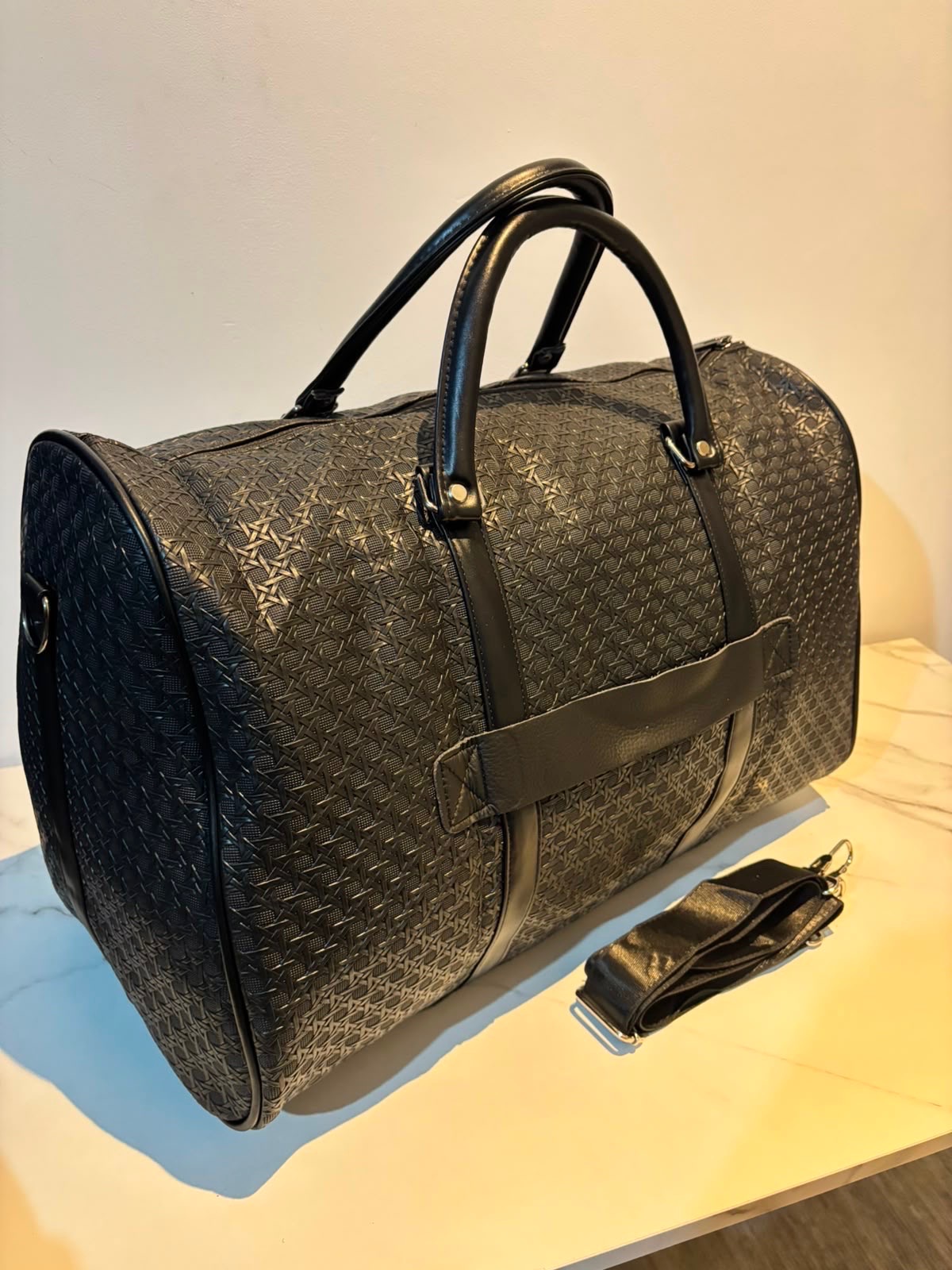 Black travel duffel bag with shoulder strap unisex bag
