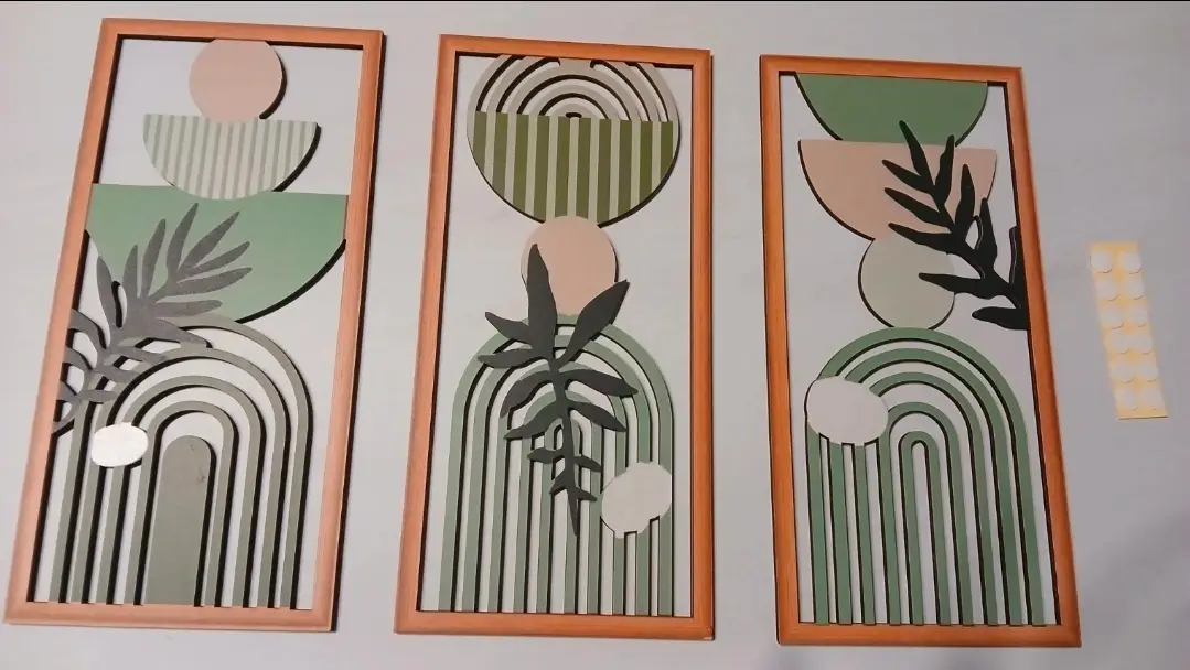 Set of 3 wooden abstract wall art greens and creams