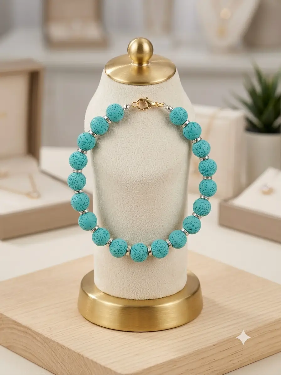 Vibrant Turquoise Lava Rock Beaded Bracelet with Gold Accent Clasp