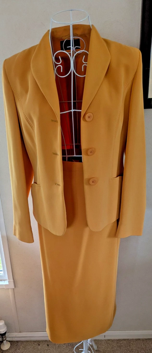 Vintage Alexon Mustard Yellow Women's Skirt Suit with Buttoned Blazer