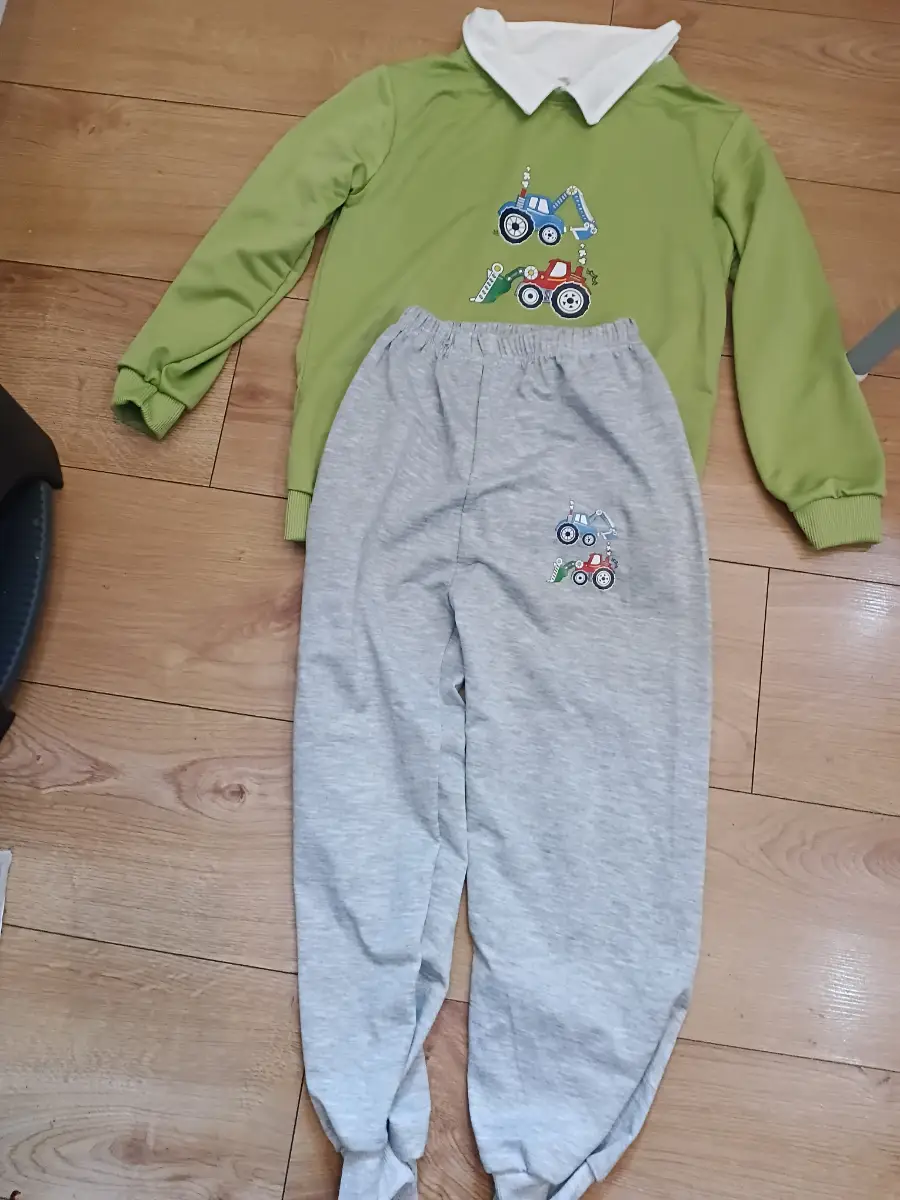 Boys Tractor & Digger Outfit – Green Long Sleeve Top + Grey Trousers – Kids Casual Playwear Set