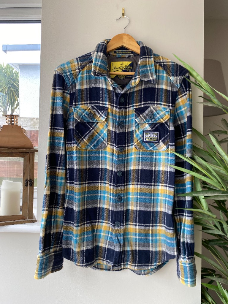 Superdry flannel Shirt Blue and Yellow Plaid Pattern Size Small