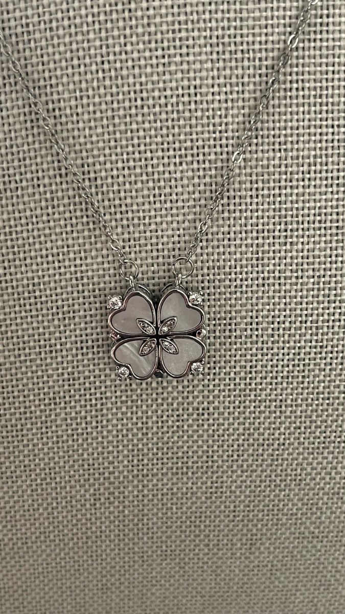 Stainless Steel Mother of Pearl Clover Necklace with CZ – 16” + 2” Extender