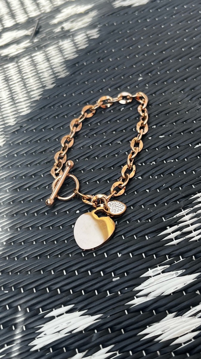 Rose Gold Tone Double Heart Charm Toggle Bracelet with Crystal Heart