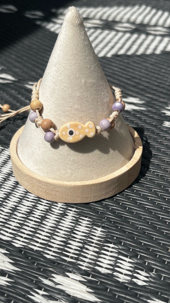 Ceramic Cream & Purple  Fish Bead Bracelet – Adjustable