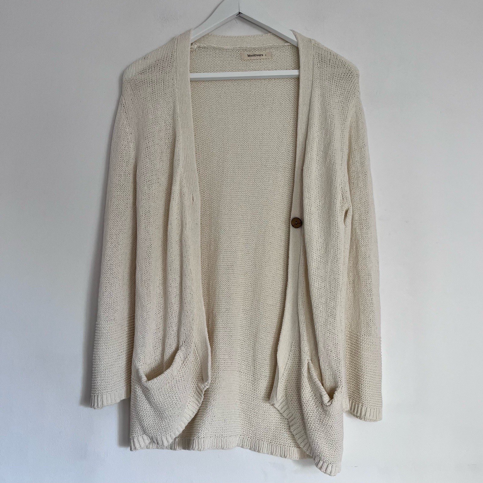 **WOOLovers Cotton Linen Cardigan Size S Cream Longline Relaxed Knit**