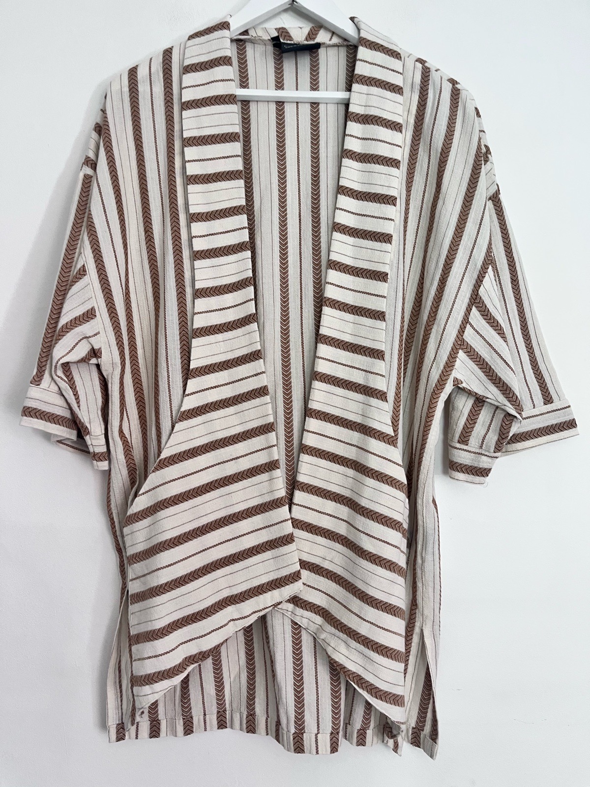 Dear Deer Kimono Jacket M Cream Brown Stripe Boho Oversized Festival