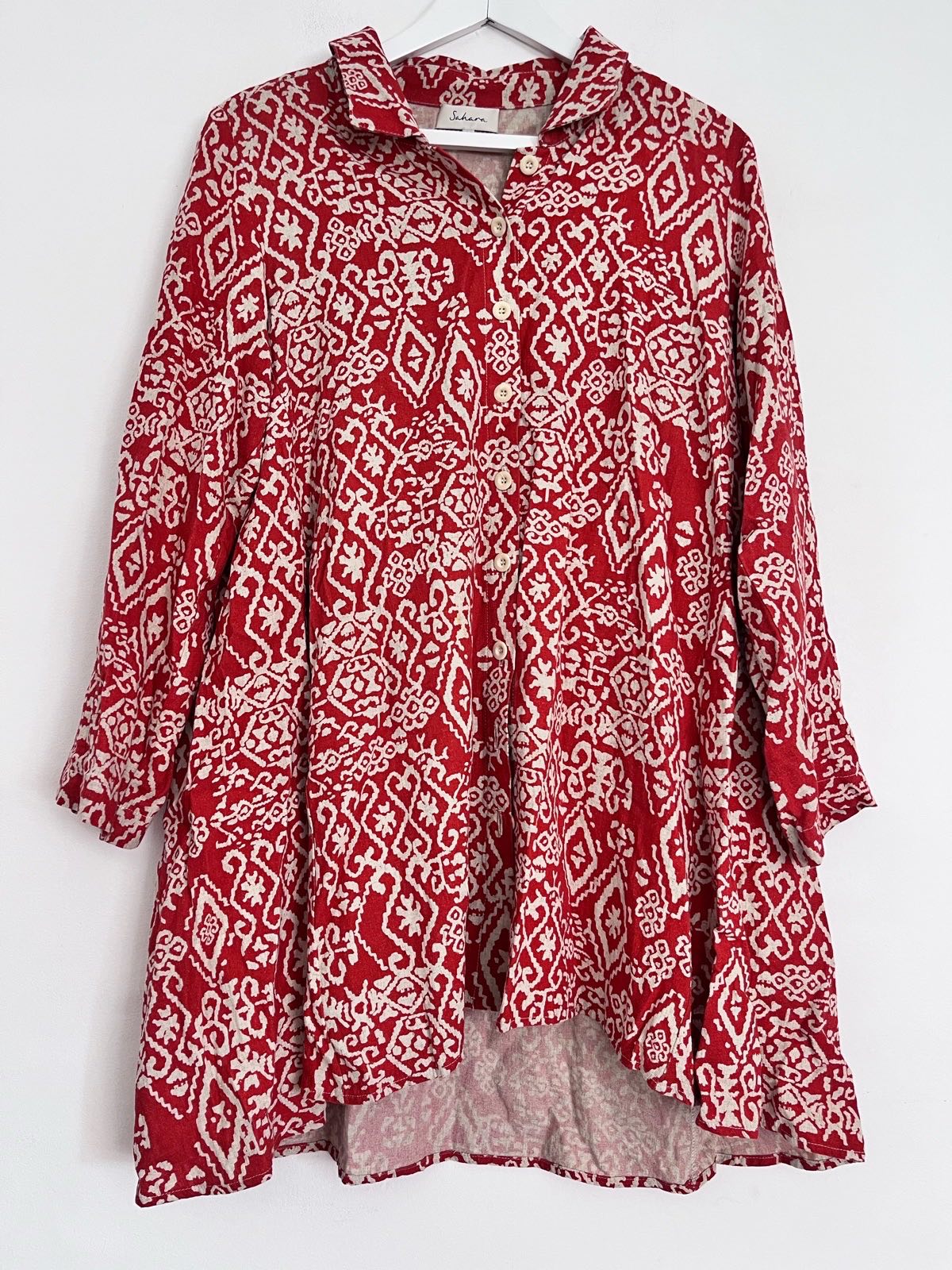 Sahana Red & Cream Linen Blend Oversized Tunic Shirt Dress Size 2