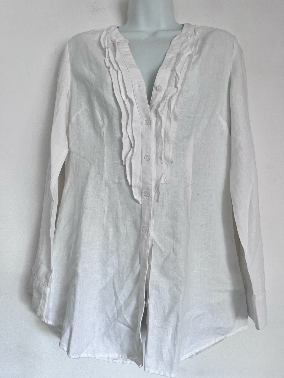 Boden White 100% Linen Ruffle Front Shirt Blouse UK 8 Long Sleeve