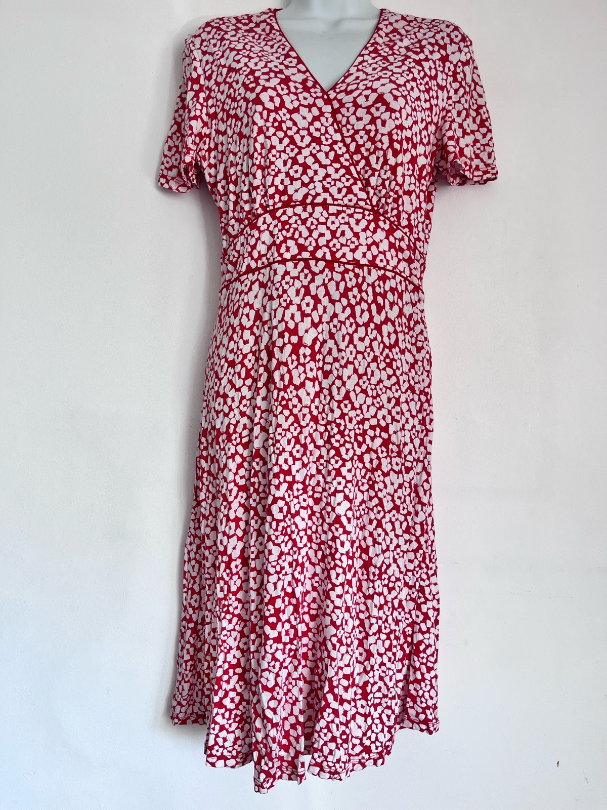 Hobbs London Dress UK 10 Red White Print Jersey Wrap V Neck Stretch
