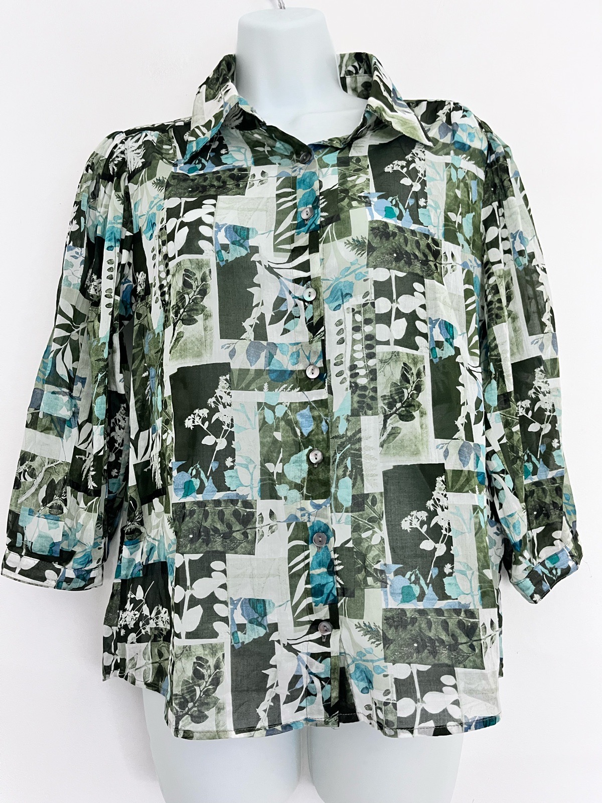 Brora Botanical Print Cotton Shirt UK 10 Green Blue 3/4 Sleeve Blouse
