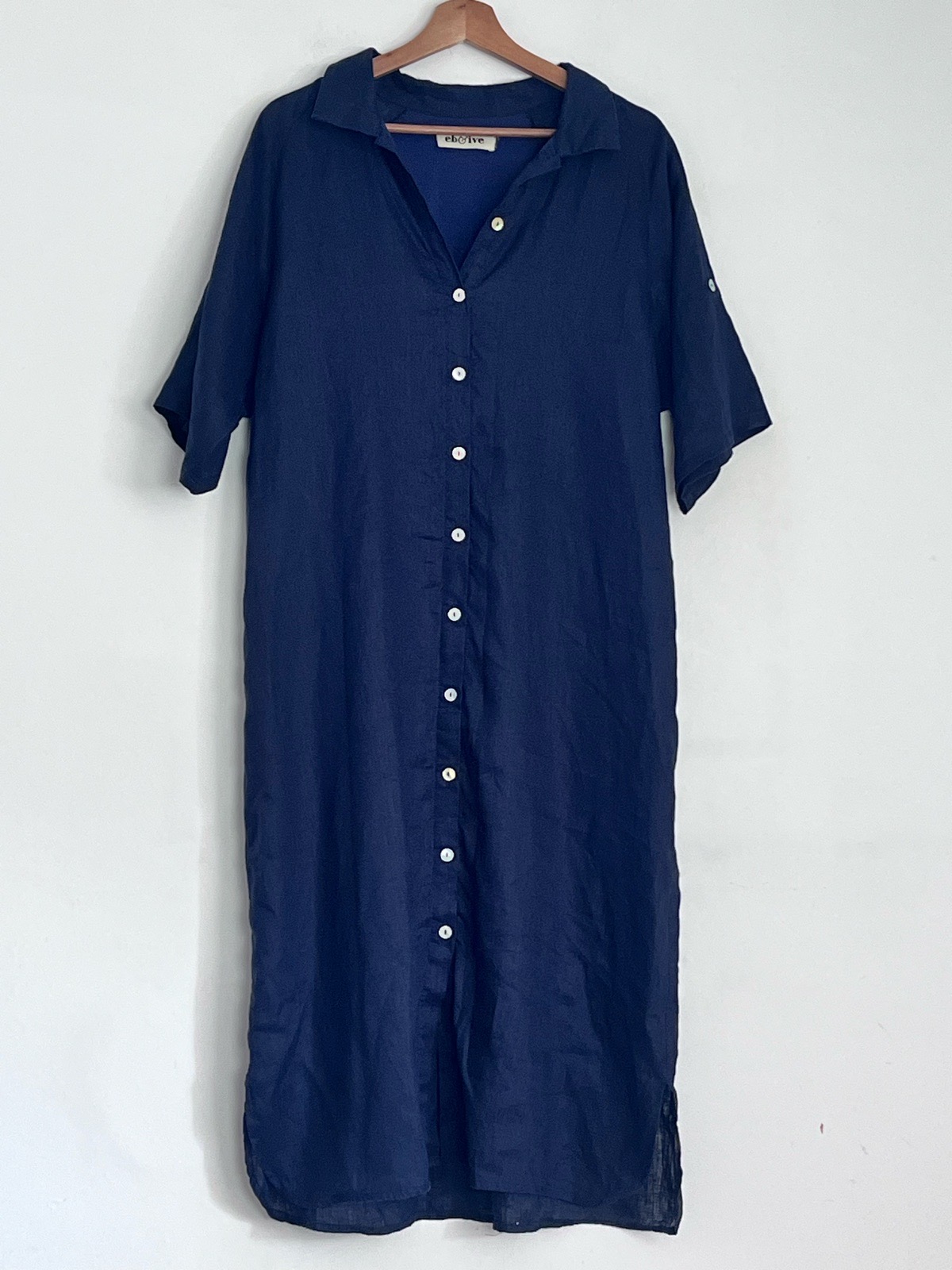 Eb & Ive 100% Linen Navy Shirt Dress Midi Button Front Roll Tab Sleeve