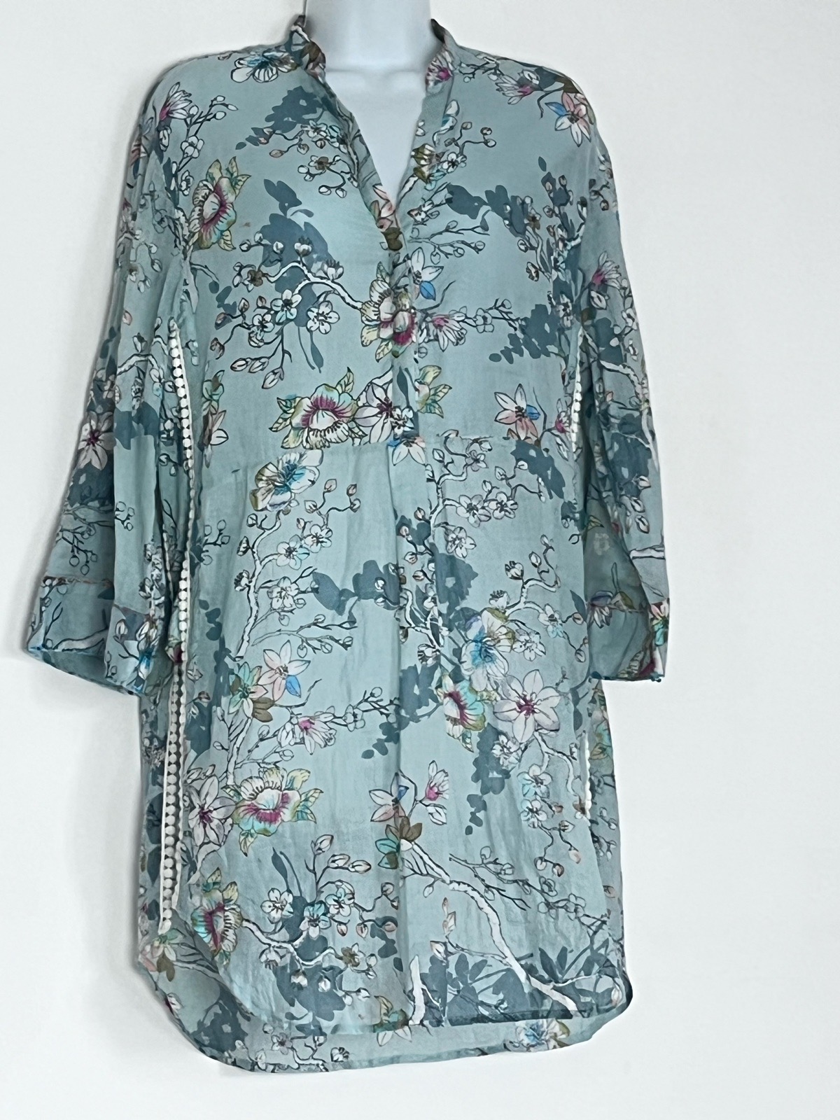 Isla Bonita by Sigris Cotton Floral Tunic Dress M Boho Kaftan Beach Cover Up NWT