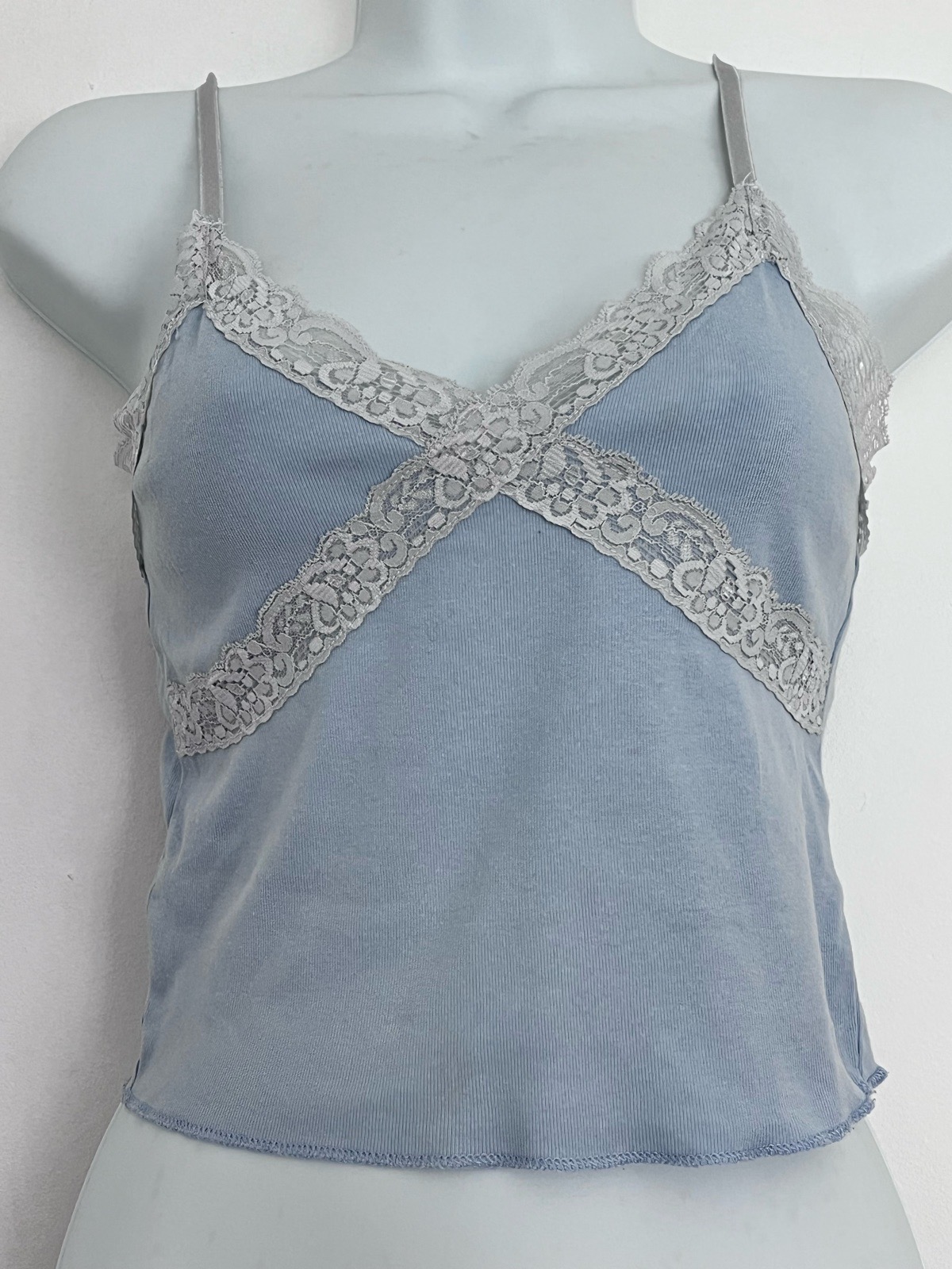 Subdued Blue Lace Trim Cami Top Size M Y2K Coquette Strappy Vest