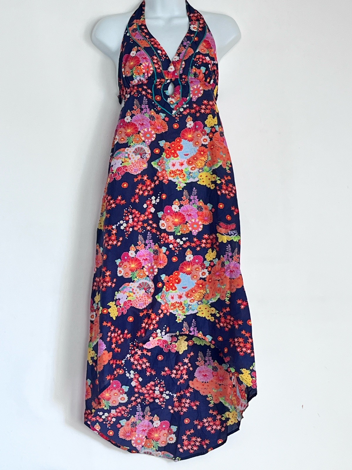 **Nanette Lepore Swim Floral Halter Midi Dress XS Silk Cotton Asymmetric Hem**