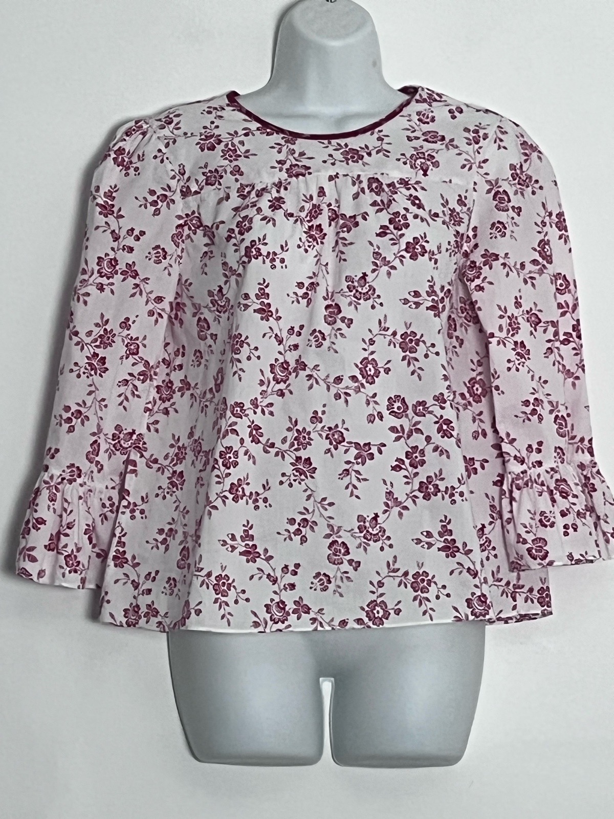 Justine Tabak Molly Blouse M Burgundy Floral Bell Sleeve Smock Top