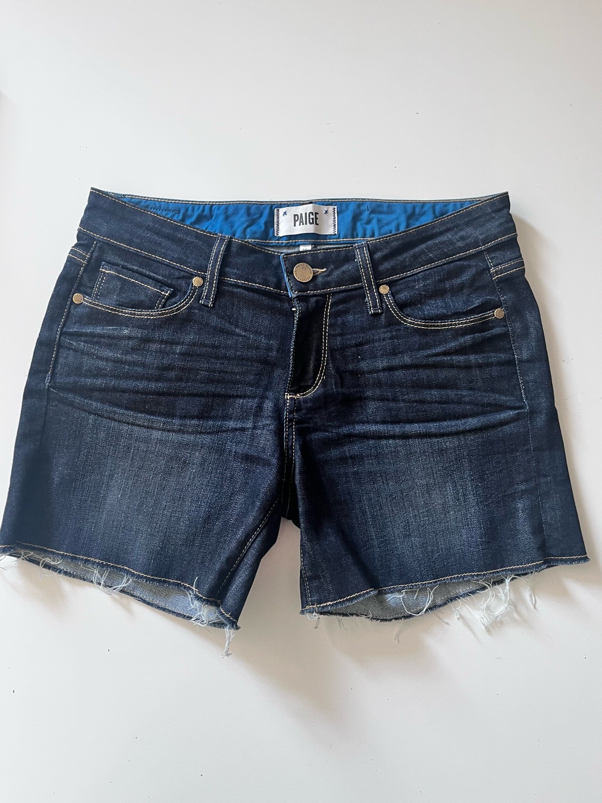 Paige Jimmy Jimmy Denim Shorts 25 Dark Blue Low Rise Raw Hem Cut Off