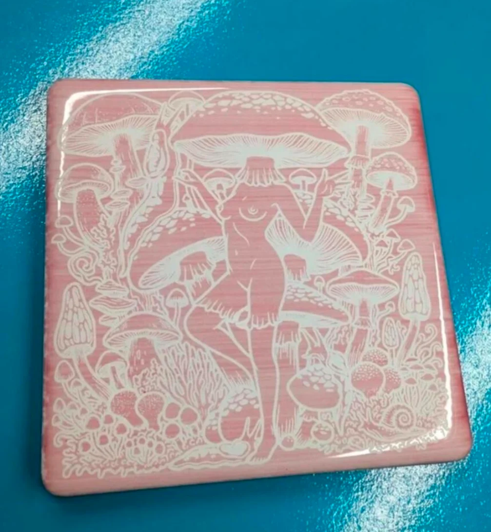 Mushroom goddess mycophile fairy goddess ceramic coaster tile art trivet 10x10cm