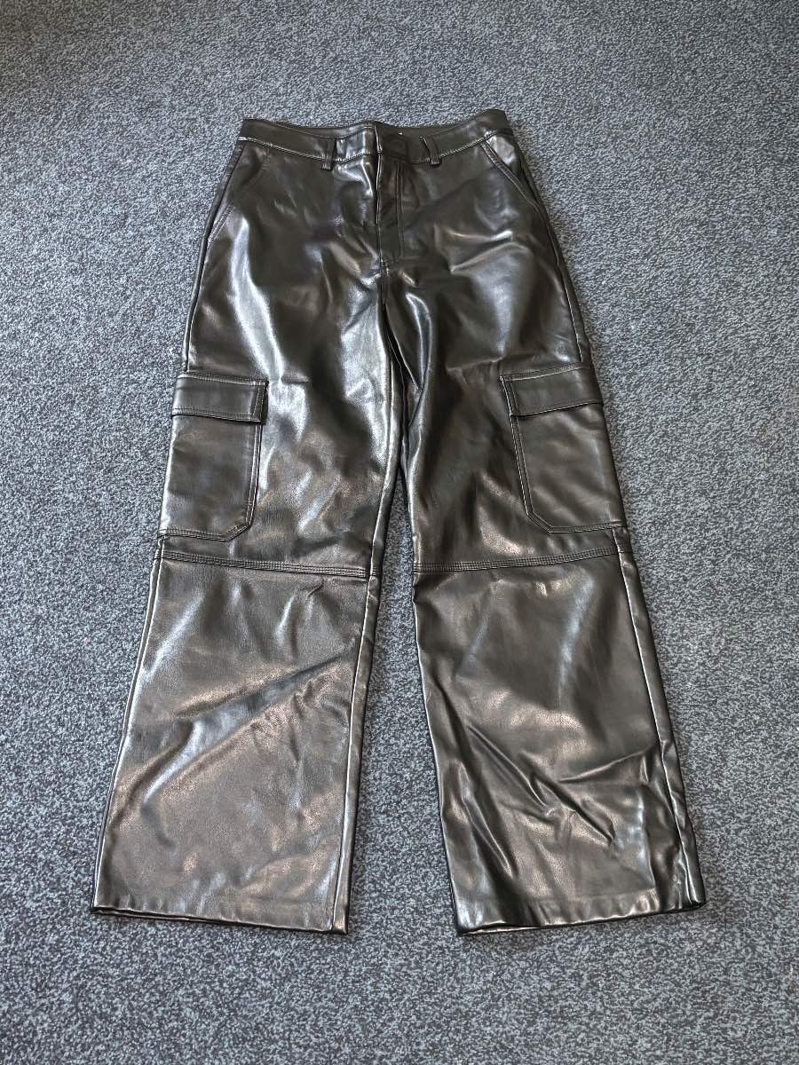Black faux leather Stradivarius  wide leg cargo trousers - size 12
