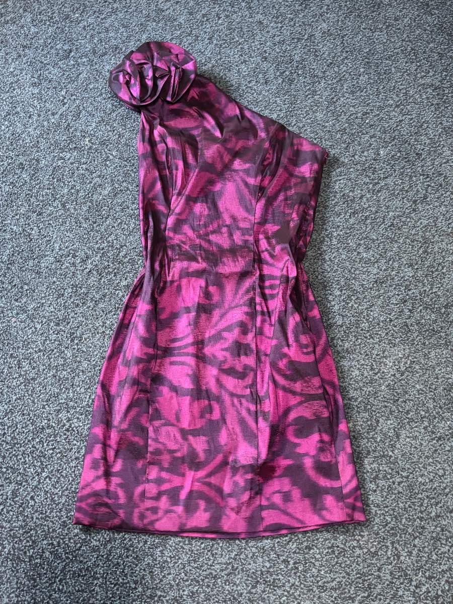 Purple and black floral one shoulder S.L Fashions mini dress - size 10