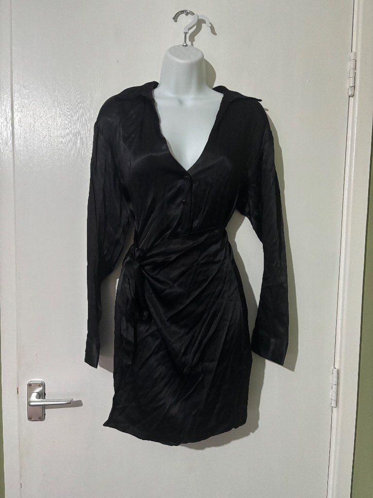 Black satin feel Zara shirt faux wrap mini dress - size M (12)