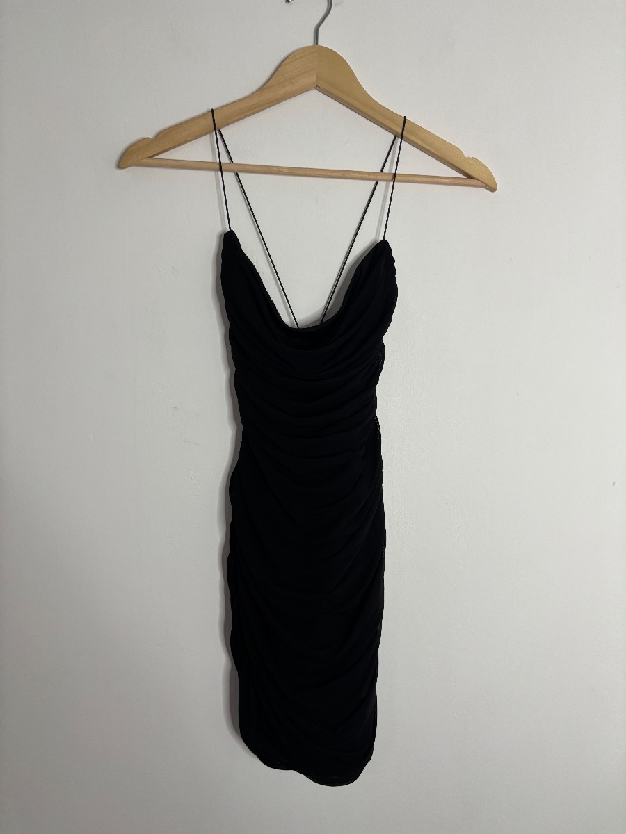 Black ruched mini Oh Polly dress with cross back - size 8