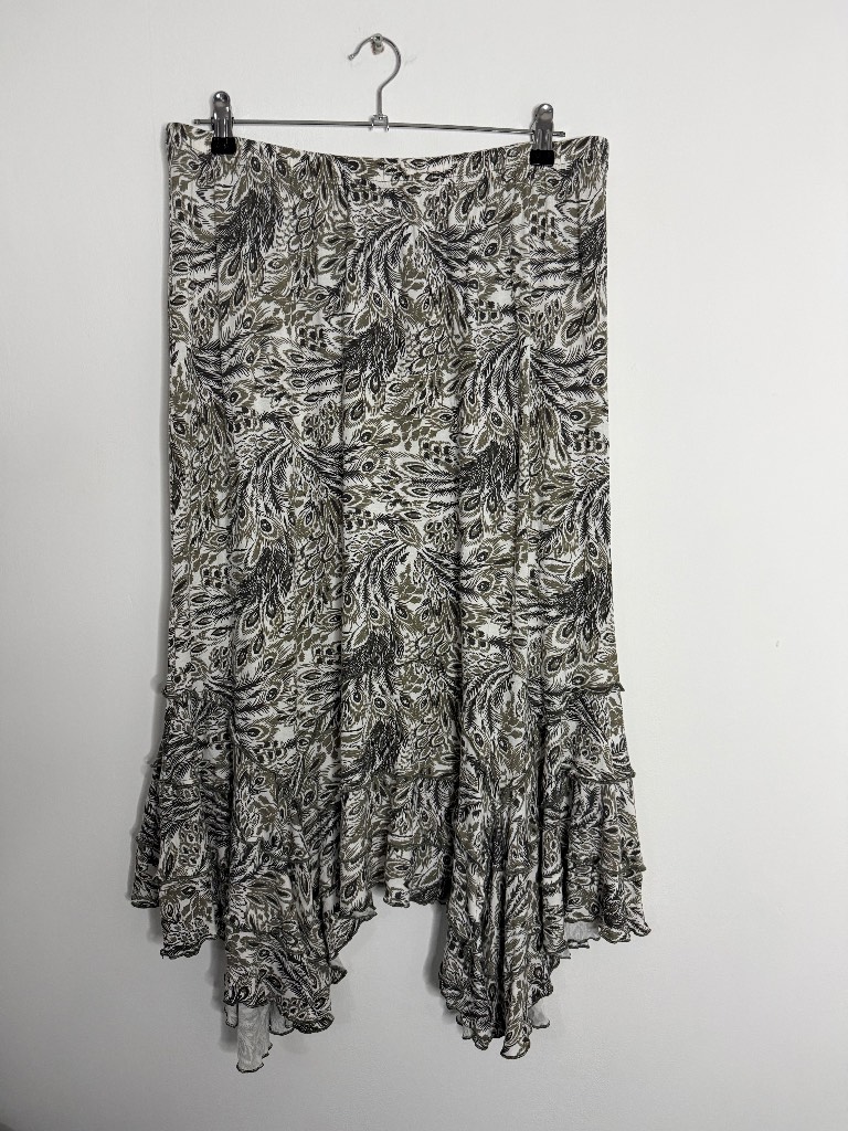 Green feather vintage Roman midi ruffle skirt - size M (12)