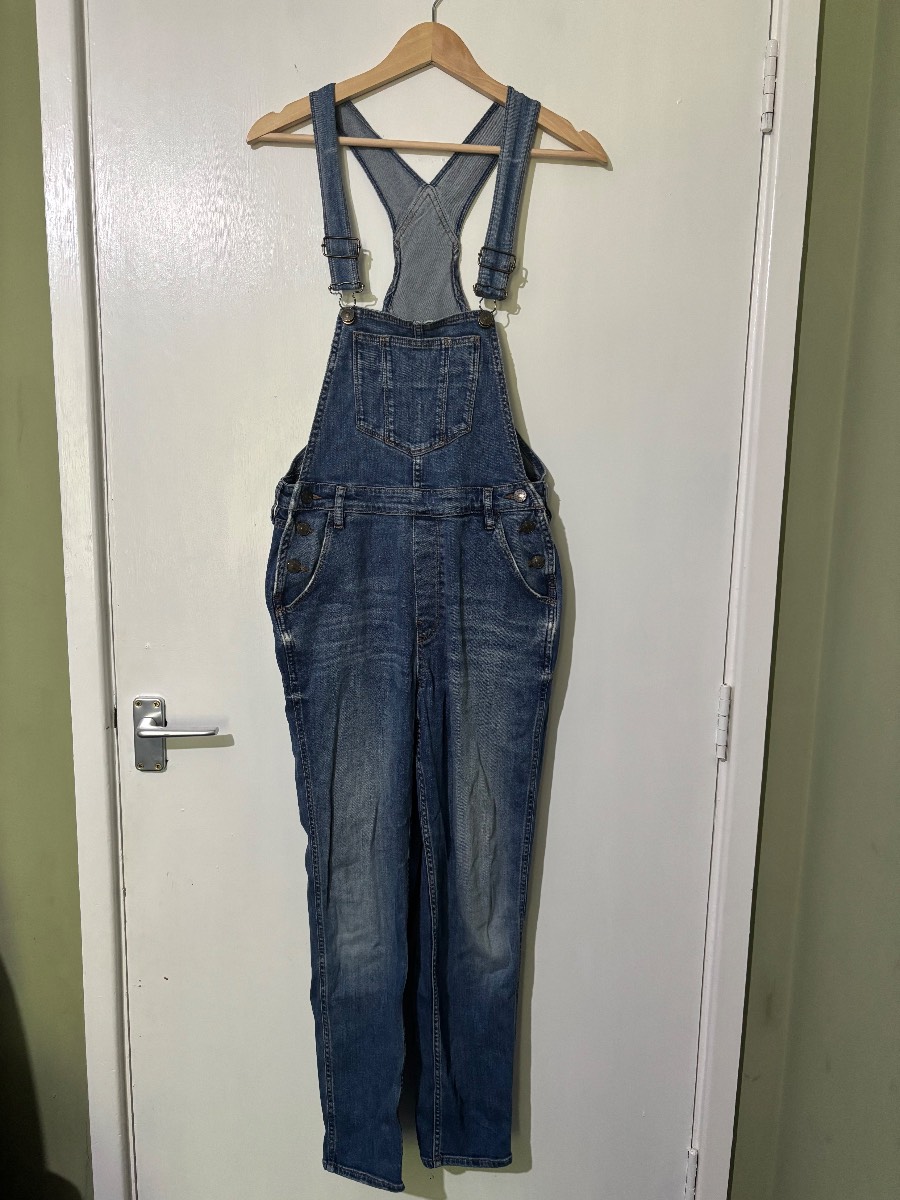 Blue cotton denim FatFace full length dungarees - size 10