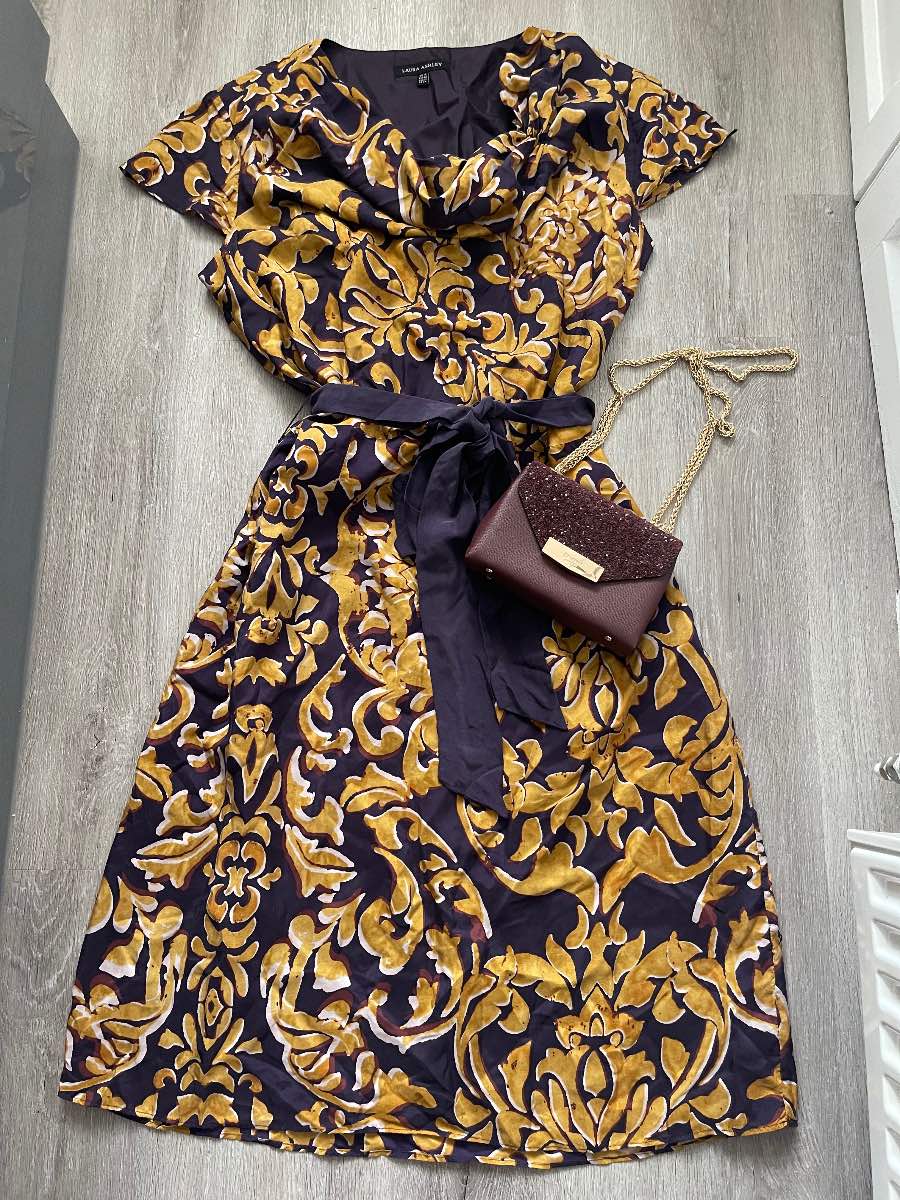 Laura Ashley 100% Silk Dress UK 16 | Purple & Gold Print | Belted Occasion Dress