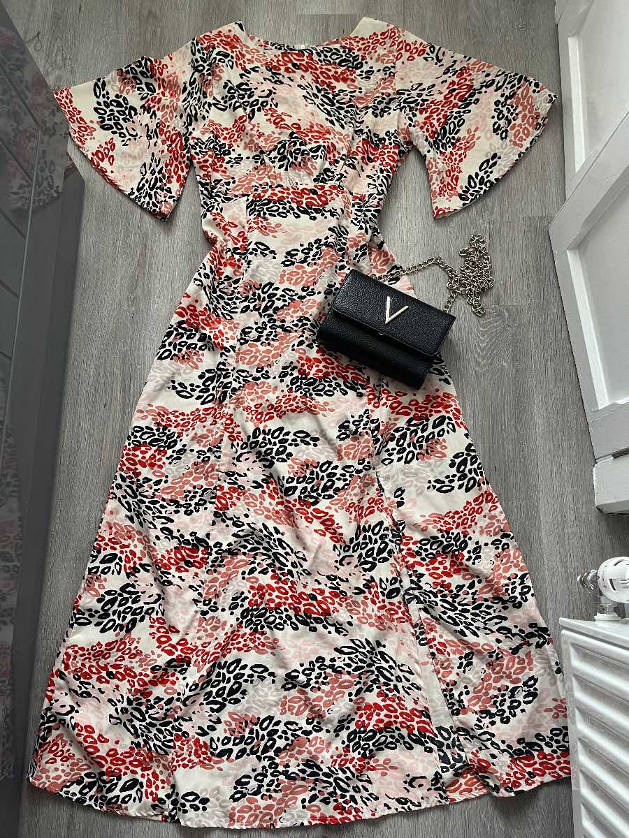 Quiz Cream Animal Print Midi Dress Pink Red Black Size UK 10 EU 38
