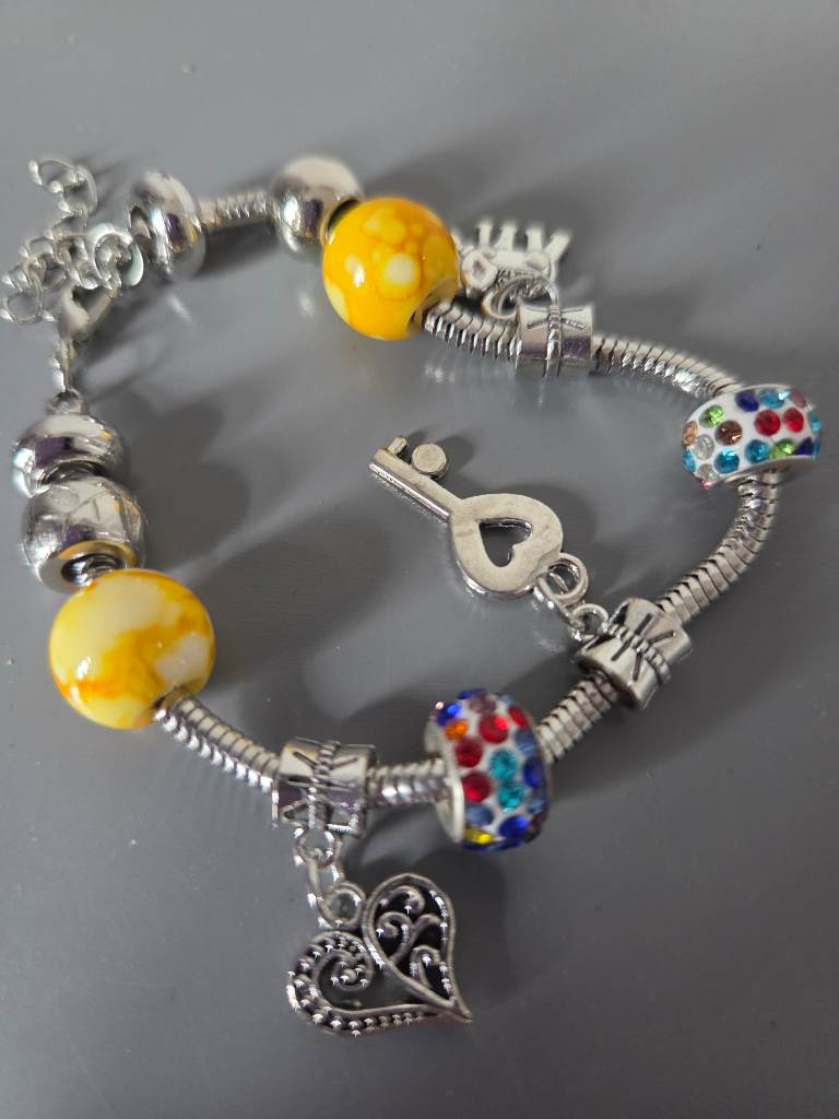Silver Tone Charm Bracelet with Yellow Beads - New in Box
