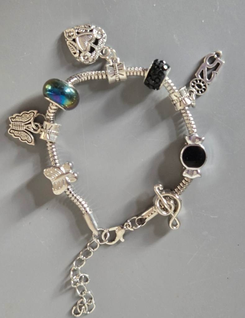 Silver Tone Charm Bracelet with Black & Iredescent Beads in a Presentation Box