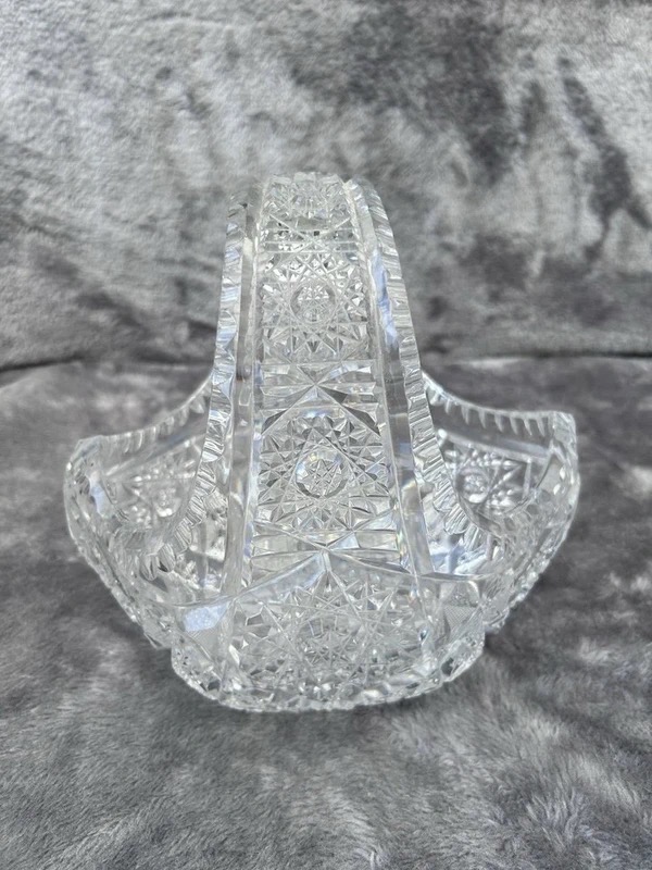 Vintage Cut Crystal Glass Basket Heavy Pinwheel Star Pattern Decorative Handle