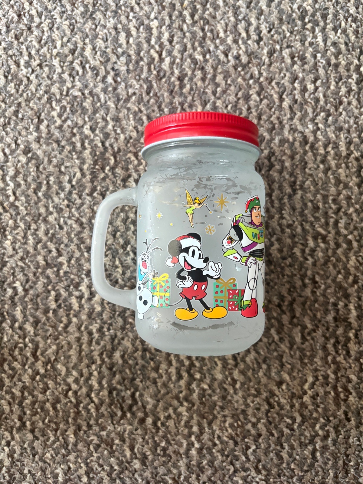 Disney 100 Christmas Frosted Glass Mason Jar Mug Mickey Buzz Lightyear Olaf Red Lid