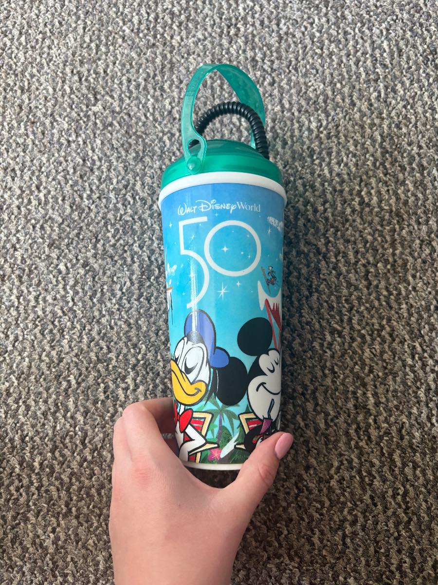 Disney World 50th Anniversary Refillable Mug Travel Cup Straw Whirley Green Lid