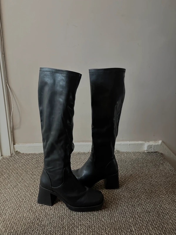 Doja Platform Knee High Boots Black Size 7 UK Block Heel Square Toe