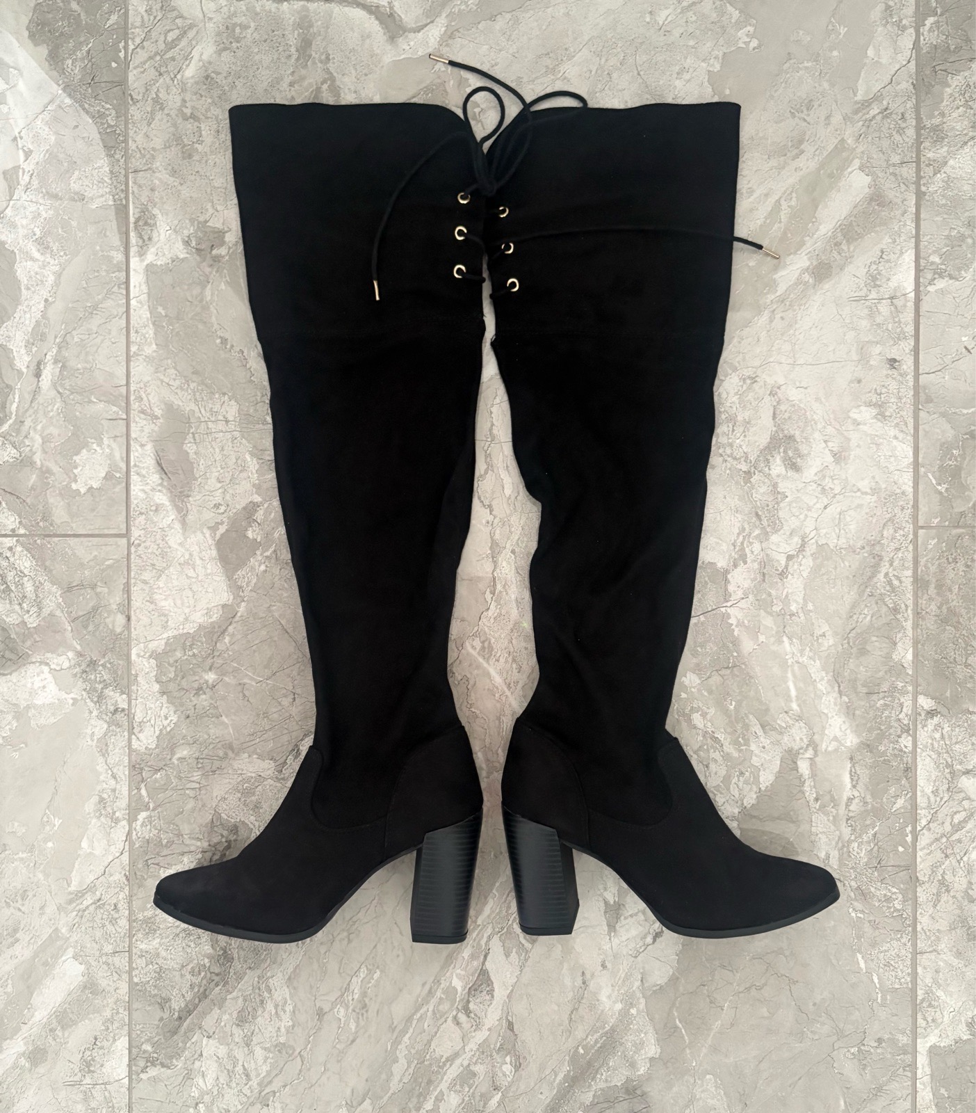 Very Black Over The Knee Stretch Boots UK 5 EU 38 Block Heel Thigh High Lace Up