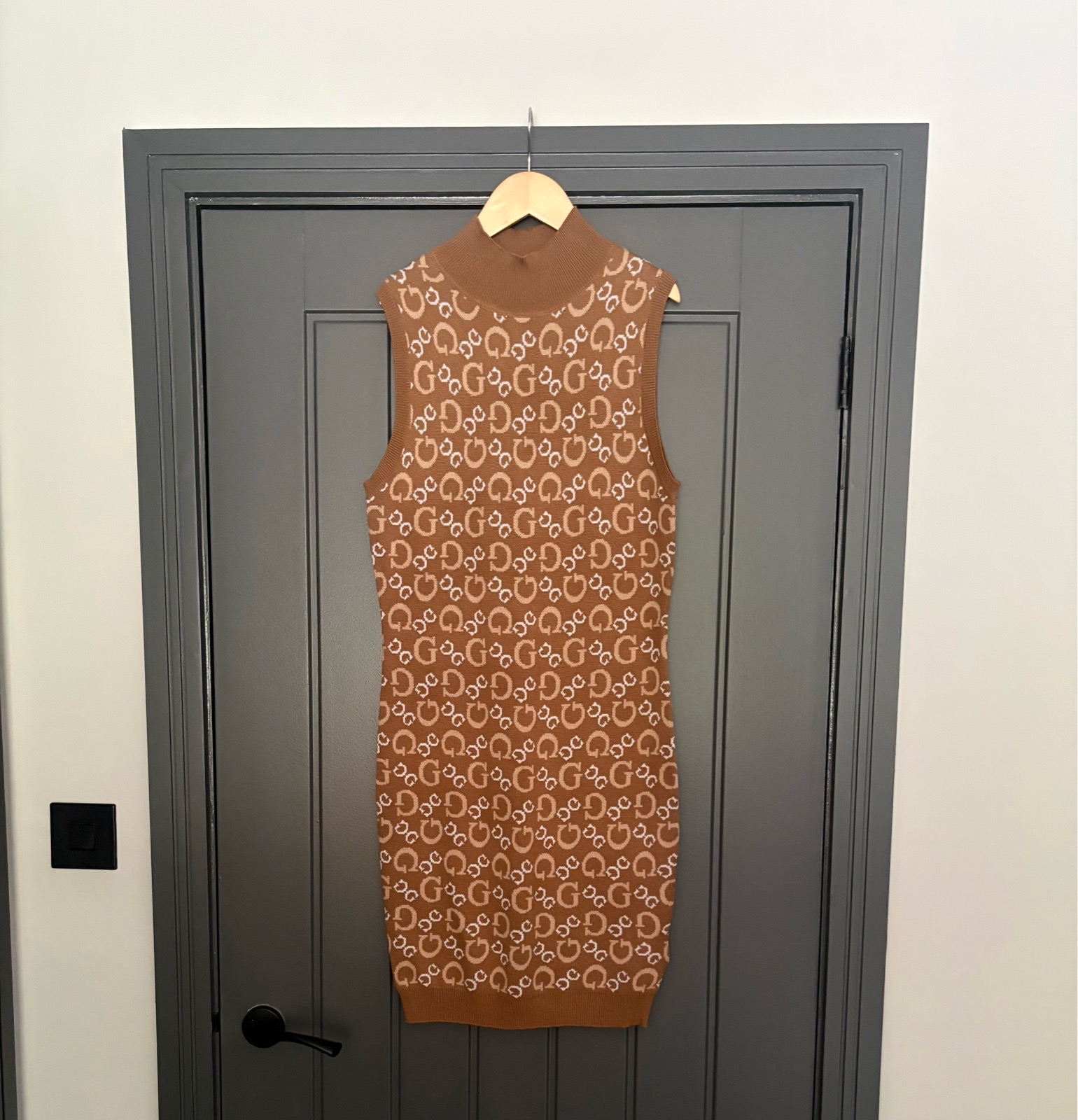 Guess Tianna Monogram Knit Bodycon Dress Brown Logo Sweater Dress UK 12-14 Y2K