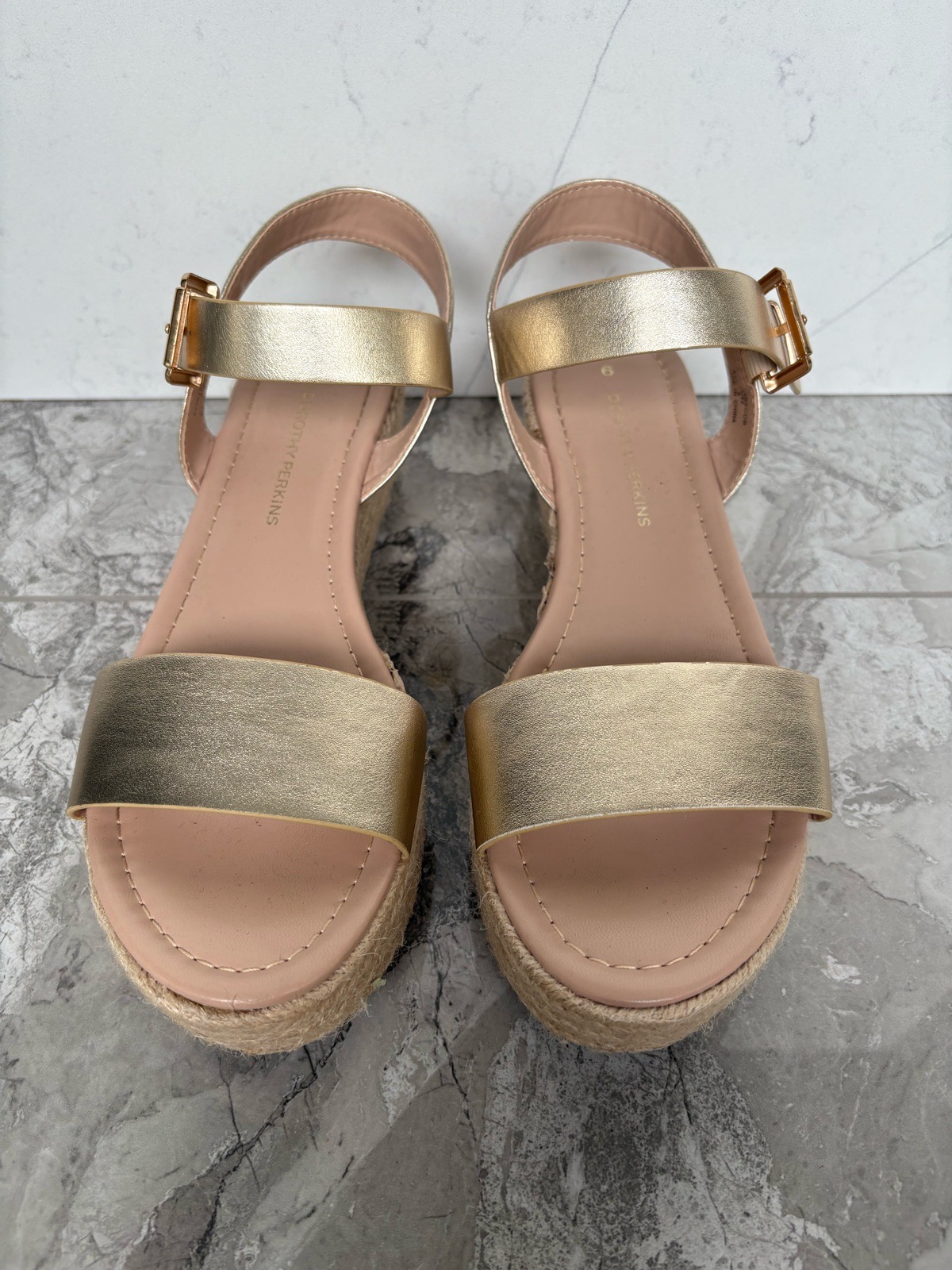 Dorothy Perkins Gold Espadrille Wedge Sandals UK 6 Metallic Buckle Summer Holiday
