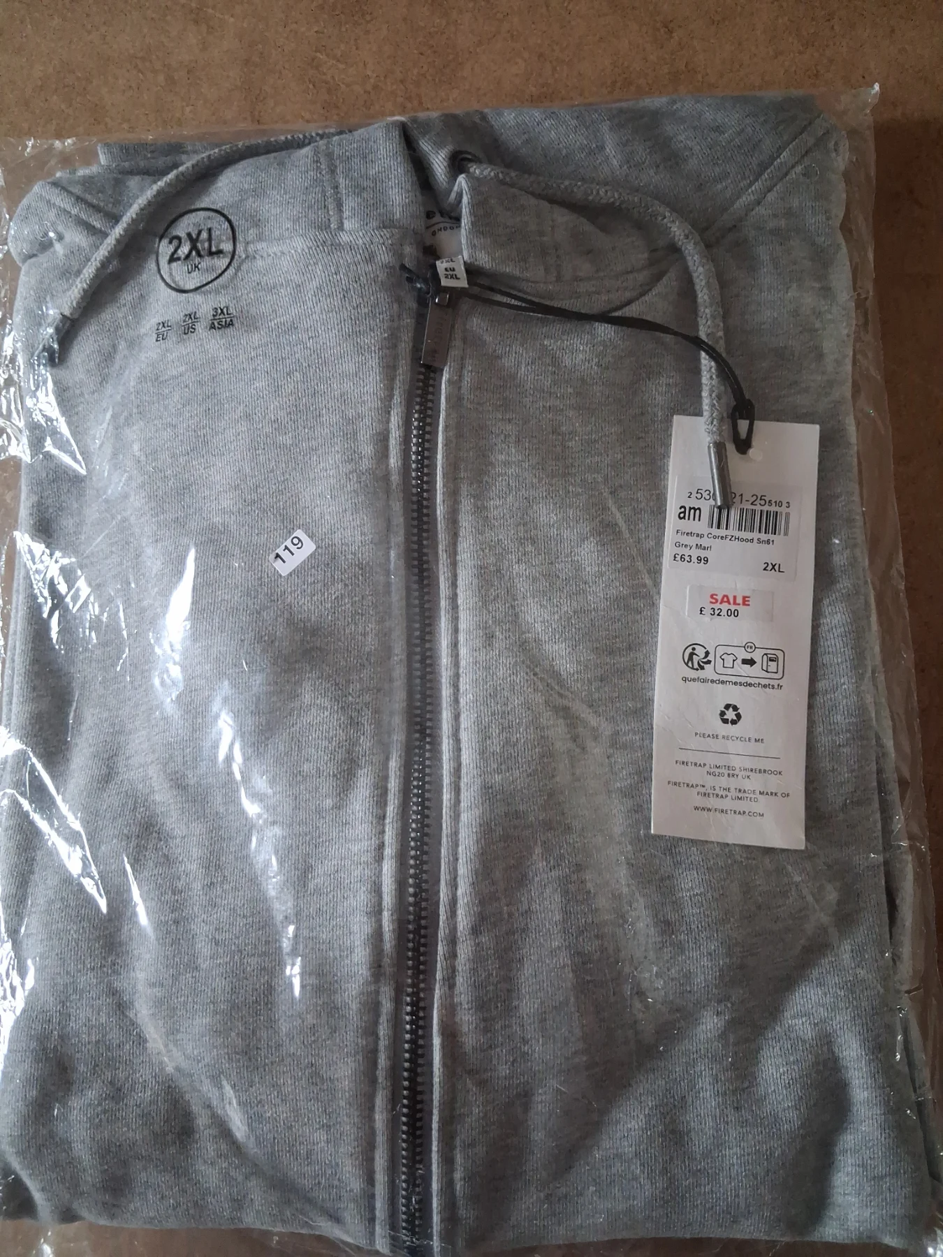 Mens firetrap core full zop hoodie hrey marl in colour. Size 2XL. NEW IN ORIGINAL BAG SEALED
