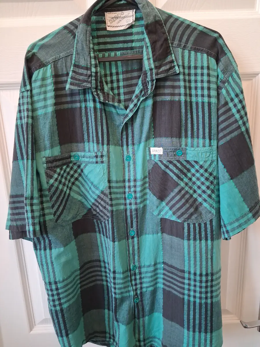 VINTAGE 90S DISCO glitter plaid shirt XXL green black metalic shimmer grunge/ festival