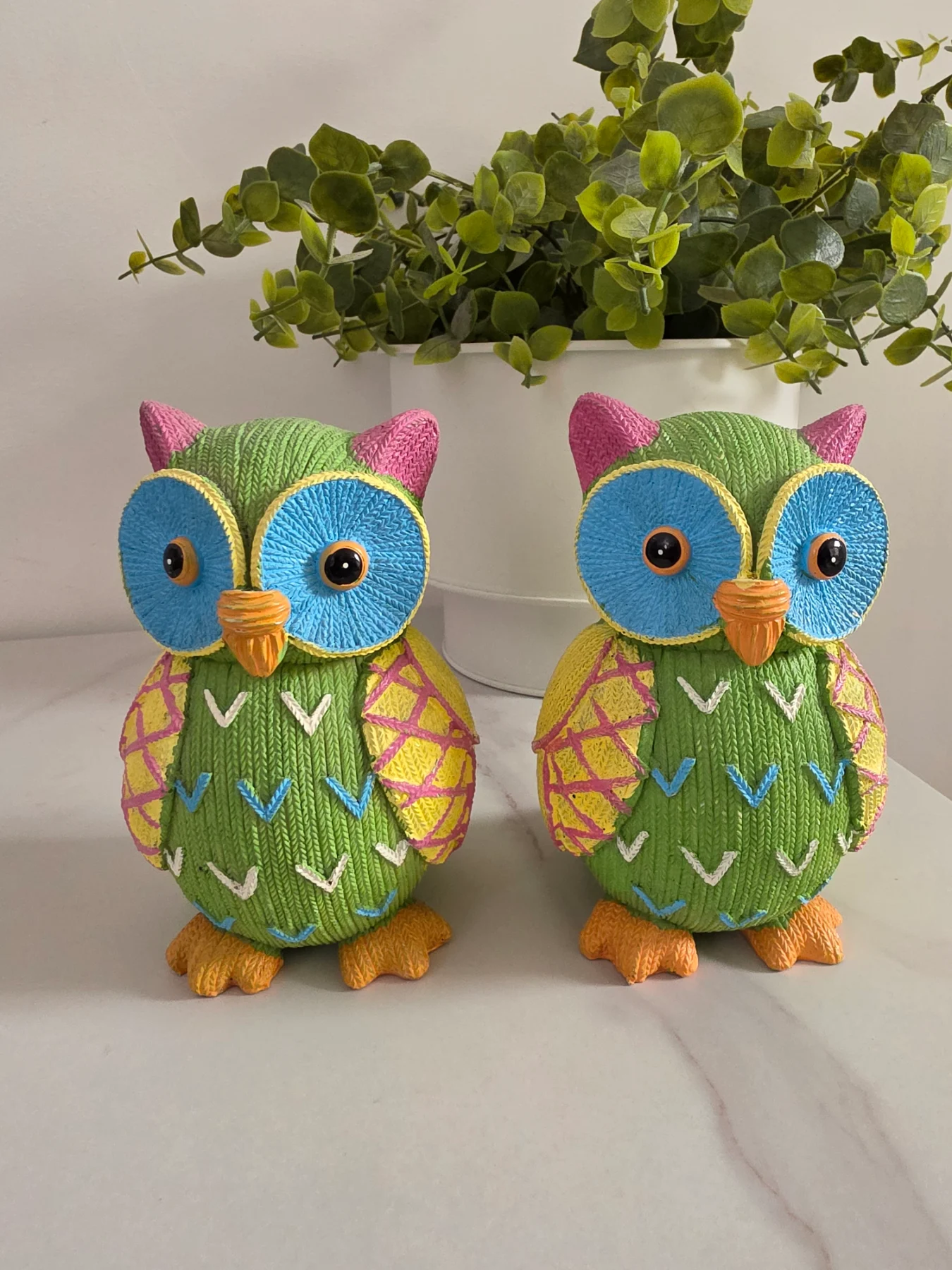 Duo of Colourful Boho Knit-Effect Owl Statuettes