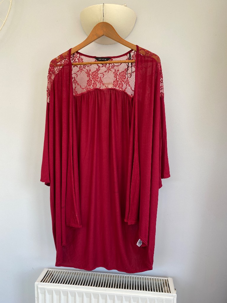 New Look Burgundy Red Lace Affect 3/4 Length Long Line Draped Stretch Cardigan, Size 16