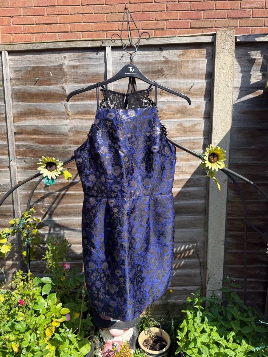 Oasis Blue & Black Metallic Floral Lace Back Strappy Jacquard Occassion Dress