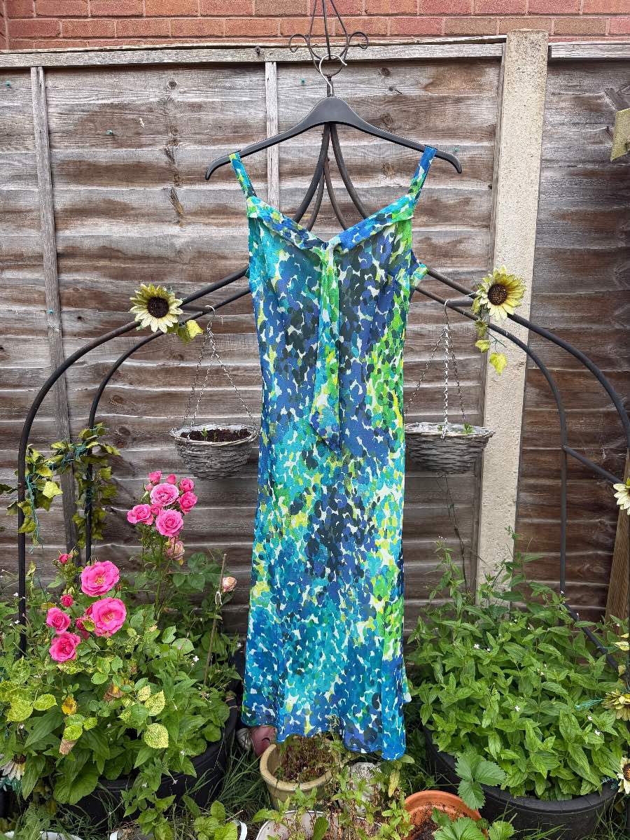 Vintage Y2K Per Una M&S Slip Dress Abstract Watercolor Blue Green Tie Front UK 14 Regular