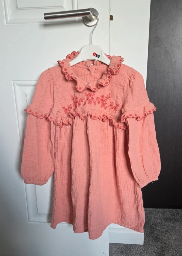 🧡 Girls Peach Embroidered Crinkle Cotton Dress