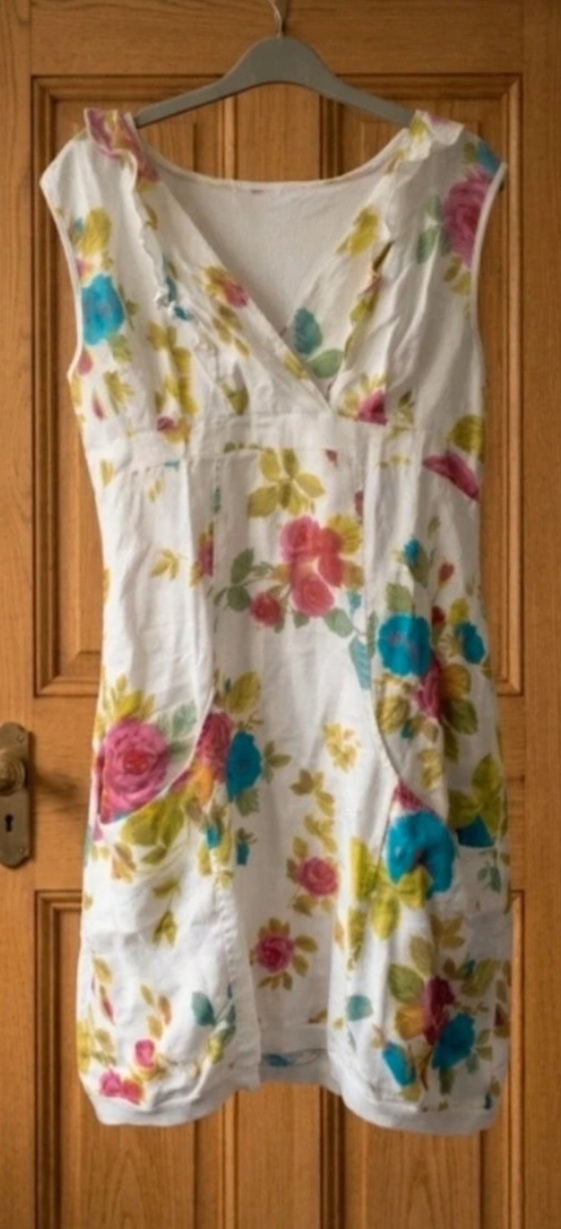 Made In Italy 100% Linen Floral Summer Dress With Pockets UK 12 14